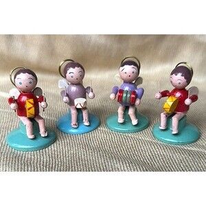 Vintage Japan Painted Wooden Angel Musicians Set of 4 Christmas Figurines Drums